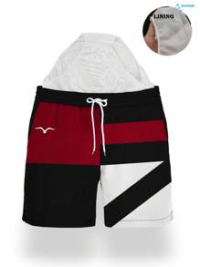 Men's Summer Printed Pattern Drawstring Waist Slant Pocket Hawaiian Quick-Dry Double-Layer Mesh Lining Shorts, Seagull Contrast Color 3D Print, Fashionable Casual Beach Resort Swim Trunks