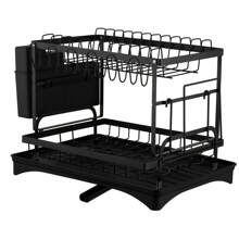 2 Tiers Dish Drying Rack Plate Bowl Cup Utensil Drainer Tray Cutting Board Pot Lid Holder Cutlery Storage Basket Kitchen Sink Countertop Organizer Adjustable Drain Pipe