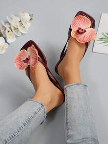 花卉沙滩凉鞋，新款大码女士休闲平底人字拖，女式露趾拖鞋 - 酒紅色 - 查看 2