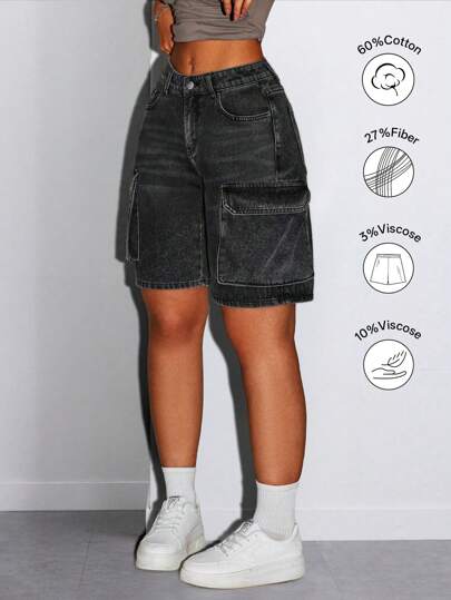 Women's Summer Jean Shorts With Side Pockets Street Vintage Flap Pocket Tape Detail Work Cargo Denim Bermuda Straight Leg Jeans Denim Shorts