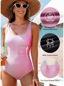 Traje de baño Aleumdr para mujer con control del abdomen, bañador de mujer de cuello cuadrado acanalado, traje de baño de moda para mujer - Rosa - Ver 7