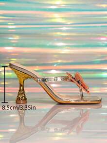 Sandalias de tacón alto doradas con punta cuadrada, slip-on con tacón de gatito y tachuelas de colores con mariposas, sandalias de moda sexy - Dorado - Ver 8