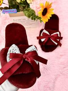 女士平底蝴蝶结蕾丝露趾毛绒拖鞋，粉色拖鞋，酒红色拖鞋 - 酒紅色 - 查看 1