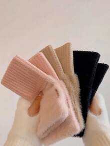 1 Pair Women's Solid Color Warm Fingerless White Gloves, Knit Wrist Warmers, For Fall/Winter, Versatile For Office, School, Writing