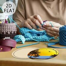 2 piezas de elementos de diseño con estampado floral, patrón de puesta de sol de palmera de coco, fondo de cesta tejida de ganchillo de madera, redondo, fondo de bolso de madera, apto para manualidades de tejido y ganchillo y decoración del hogar, fondos de cestas tejidas de madera sin terminar