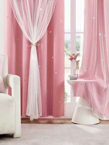 1 件空心星形双层薄纱窗帘，顶部环形窗帘带有可爱的空心星形孔，透光窗帘适用于卧室遮光、客厅窗帘、主题房间窗帘和节日派对装饰 - 粉色 - 查看 7