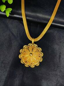 1 Set Fashionable Women's Floral Pendant Jewelry Set, 6pcs, Gold Color, Middle Eastern Dubai Bridal Wedding Accessories, Gift For Valentine's Day, Mother's Day, Holiday, Necklace, Earrings, Bracelet, Ring, Hair Clip, Alloy Jewelry - Yellow Gold - View 4