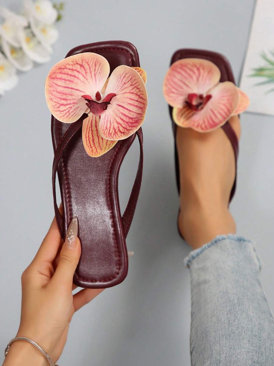 花卉沙滩凉鞋，新款大码女士休闲平底人字拖，女式露趾拖鞋 - 酒紅色 - 查看 1