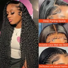 VIOLLY 200 高密度 13x4 蕾丝额头假发 30 英寸黑色深水波纹巴西混纺假发，预先拔毛发际线，预先漂白，隐形发结，大面积蕾丝可自由造型，适合所有种族，多功能假发，外观自然。