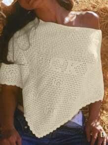 ملابس علوية كاجوال صيفية كبيرة الحجم للنساء ذات لون أحادي وطبعة حرف محظوظ بأكمام خفافة، ملابس علوية محبوكة شبكية مفرغة مناسبة للعطلات والشاطئ مع حافة غير متماثلة