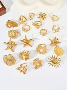 1 Peça Anel Ajustável Floral com Pérola Falsa, Concha e Estrela-do-mar, Retrô de Aço Inoxidável Dourado, Moda Verão Festa na Praia Uso Diário, Ótimo Presente para Namorada, Amiga