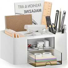 CasaCulina Desk Organizer With 2 Drawer, Multi-Functional Pencil Pen Holder, Plastic Desk Organizers And Storage With 5 Compartments For School Office Art Supplies (White)