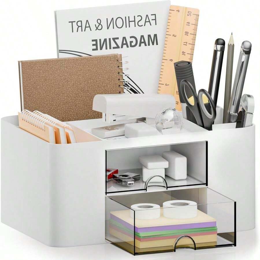 CasaCulina Desk Organizer With 2 Drawer, Multi-Functional Pencil Pen Holder, Plastic Desk Organizers And Storage With 5 Compartments For School Office Art Supplies (White)