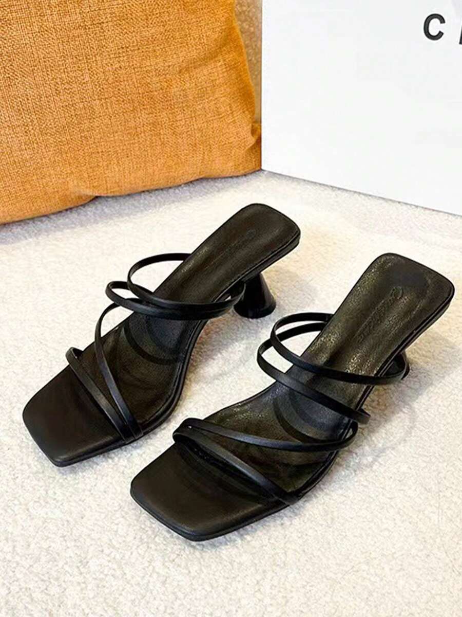Sandalias de tacón alto con tiras finas y punta abierta sencillas para mujer - Negro - Ver 1