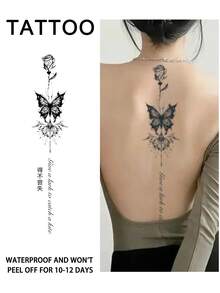 1Pc Spine Fake Tattoo Temporary Tattoos Semi Permanent Tattoo Butterfly Rose Waterproof Sweatproof Last For 1-2 Weeks Realistic Herbal Juice Anti-Friction Non-Reflective Black For Woman And Men Tattoo Stickers For Arm, Chest, Leg, Abdomen, Waist, Finger, Neck, Spine, Modernist Body Art