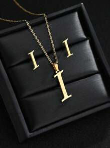 1 Set A-Z Stainless Steel Initial Necklace And Stud Earrings Jewelry Sets Alphabet Letter Pendant Chain Accessories Gifts