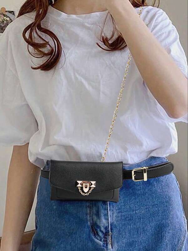 1pc Retro Fashion Chain Buckle Women Leather Belt Waist Bag, Daily Wear Wallet Phone Pouch Crossbody Bag, Niche Design
