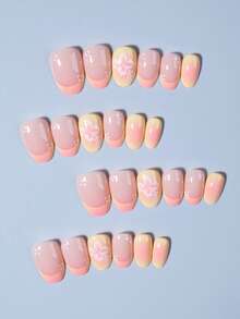 24pcs Oval Gradient Acrylic Nail Stickers, Includes 1pc Jelly Gel And 1pc Nail File, Easy To Apply, Suitable For Summer Nails And Floral Nails, Suitable For Women And Girls For Daily, Party And Other Occasions - Multicolor - View 3