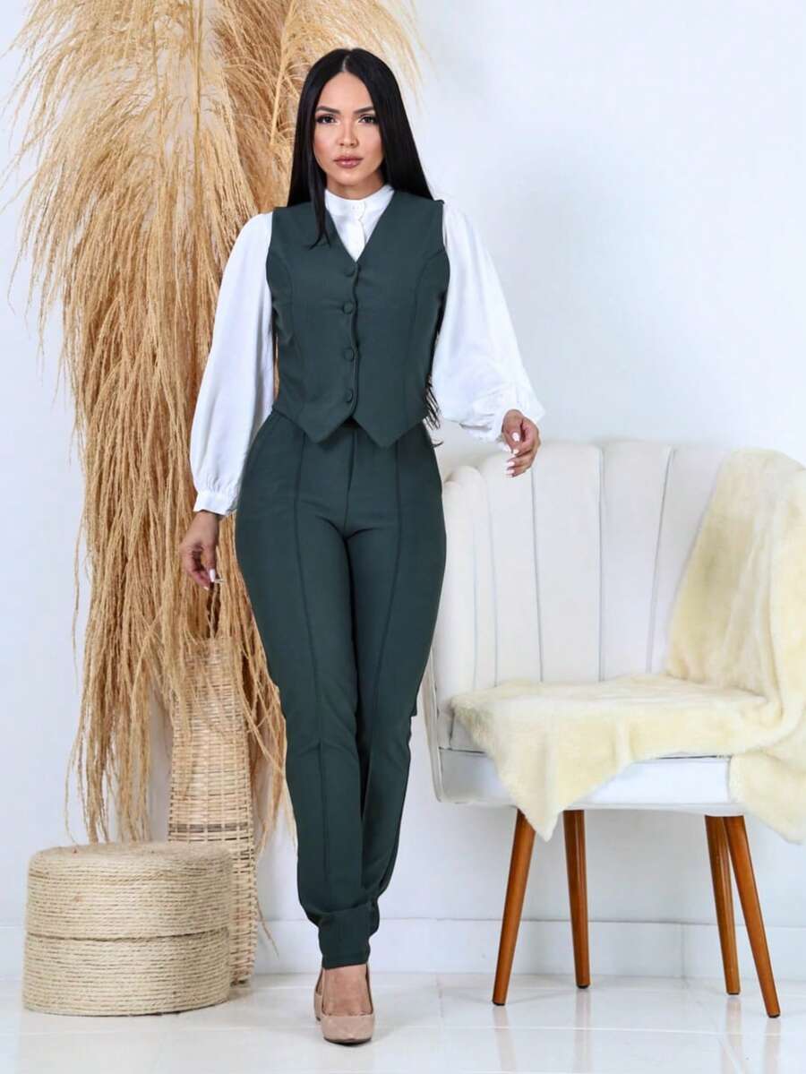 Women's Tailored Style Set Fashion Suit Pants Vest With Buttons Fashions Jhon Simple Elegant Casual Button Pocket Set Beach Party - 墨綠色 - 查看 1