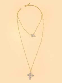 1 pieza Collar de mujer de doble capa con flores de cristal, accesorio de joyería con pétalos florales geométricos, esencial para el verano - Flor dorada - Ver 2