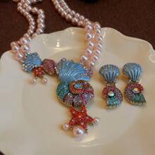 2 pièces Ensemble de collier et boucles d'oreilles avec pendentif multicouche imitation perle, coquillage et étoile de style luxe océanique