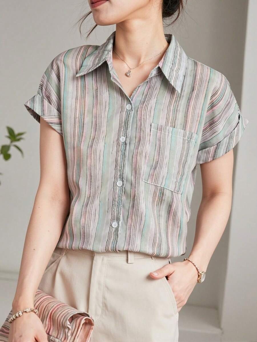 女士法式衬衫,夏季女士休闲短袖飘逸衬衫,时尚印花衬衫,优雅女士衬衫,适合购物、旅行、独立日女士上衣 - 綠色 - 查看 1