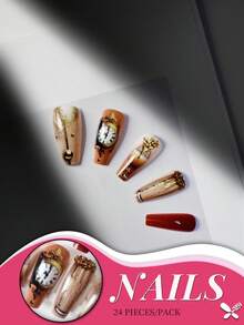 24 件复古棕红色长棺材钉，带有精致的时钟和葡萄酒图案，舒适易用，持久光泽，适合派对、庆典和日常佩戴，包括果冻胶和指甲锉按压指甲美甲用品 - 彩色 - 查看 3