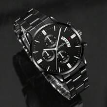 2pcs Men's Watch Stainless Steel Fashion Casual Three Eye Roman Scale Dial Date Quartz Watch With Jewelry Accessories Hip Hop Bracelet Set Party Gift Beach Vacation Valentine Gift