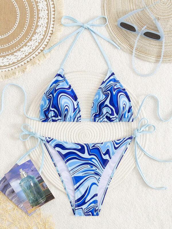 New European And American Ladies Sexy Fashion Halterneck Gathered Print Beach Resort Two Pieces Split Bikini Set