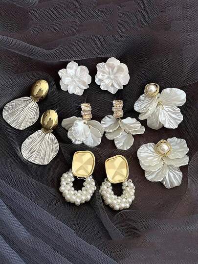 5pcs/Set Minimalist Elegant Petals Design Faux Pearl Drop Tassels French Style Earrings Suit, Versatile For Women Everyday & Festival Wear