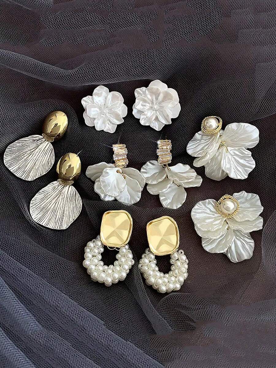 5pcs/Set Minimalist Elegant Petals Design Faux Pearl Drop Tassels French Style Earrings Suit, Versatile For Women Everyday & Festival Wear - Set J - View 1