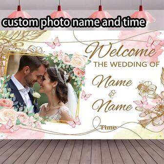 1 st anpassningsbar namn-, porträtt-, datum- och bröllopsfestbanderoll, polyesterblommig brud och brudgumsförlovningsfest-fotografibakgrund, personlig text- och bildbanderoll, tårtbord, hemvägg, utomhusdekor