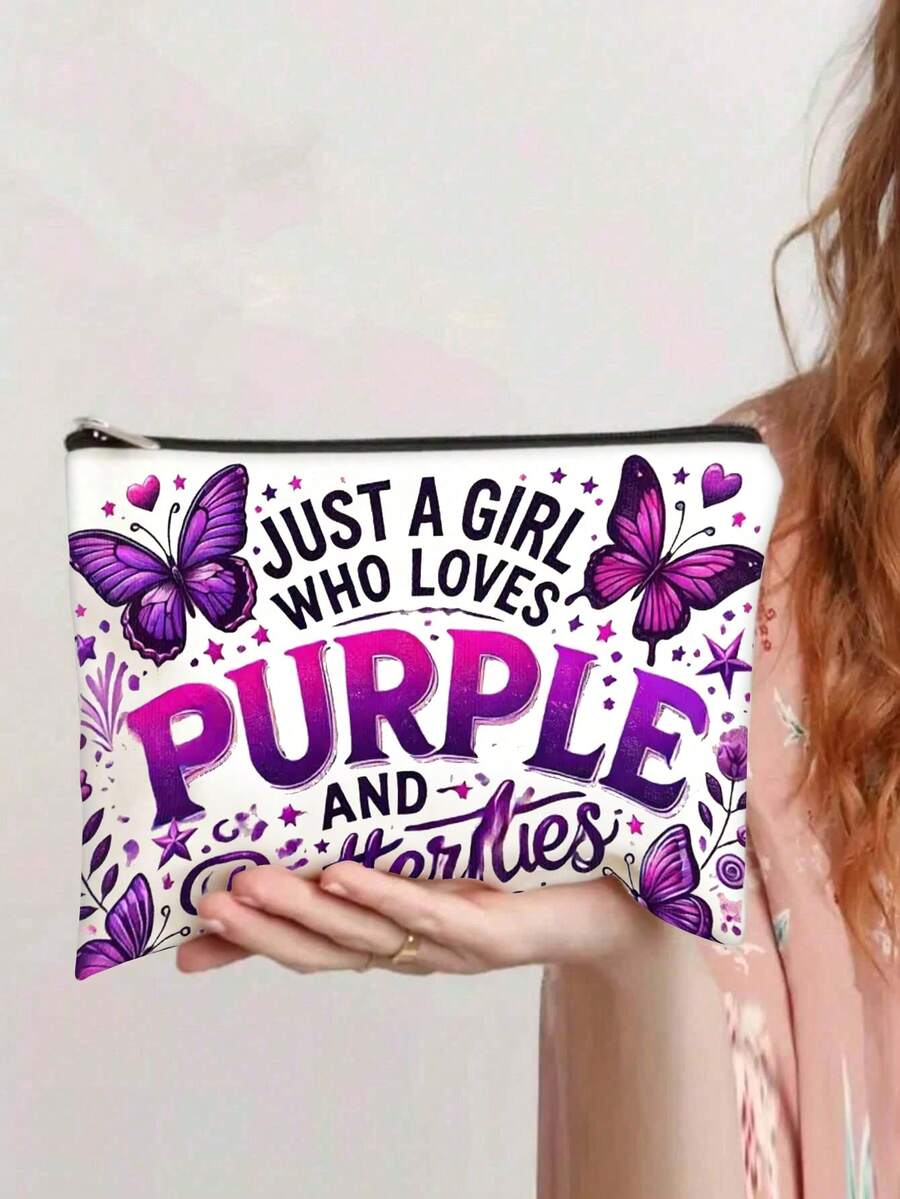1pc Purple Butterfly Art Makeup Bag – Lightweight Zipper Pouch For Women, Dual-Sided Floral & Butterfly Design, Perfect For Travel, Gifts For Birthdays, Christmas, Valentine's Day, Daily Use Pouch | Vibrant Print | Zipper Closure,Back To School Supplies Christmas Gift - Multicolor - View 1