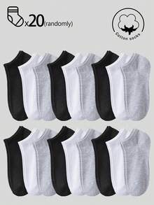 20/10/5/3/1 Pairs Men's Cotton Socks, Short Socks, Invisible Socks, Double-Line Anti-Slip Design, White/Black, Low-Cut Socks, Ankle Socks, Moisture-Wicking, Soft & Breathable, Suitable For Business, Casual, Home, Sports, College Style, All Seasons, Random Color Delivery