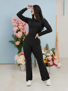 Set conjunto 2 piezas pantalón pierna ancha, playera cuello redondo manga larga tipo crop top