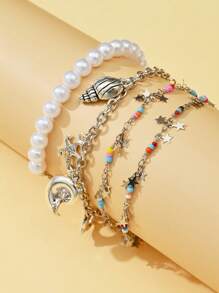 3pcs/5pcs Multi-Color Fashion Bohemian Faux Pearl, Natural Shell, Starfish, Seashell, Butterfly Pendant Beaded Necklace & Bracelet Set, Suitable For Valentine's Day, Best Friends, Family, Beach, Party, Gift, Daily Wear For Women