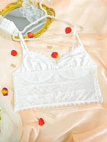 EZNV 蕾丝细肩带修身短款上衣甜美复古心形领口日常衬衫