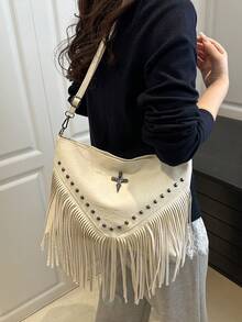 Borsa a tracolla in pelle vintage di moda, stile boho, borsa a spalla con nappa e rivetti a forma quadrata, borsa a tracolla casual per viaggi e tutti i giorni, valigetta portatile da lavoro, borsa a tracolla piccola con frange