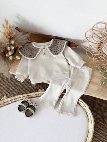 2 件套女婴碎花彼得潘领休闲长袖运动衫和长裤，春秋装 - 杏色 - 查看 5