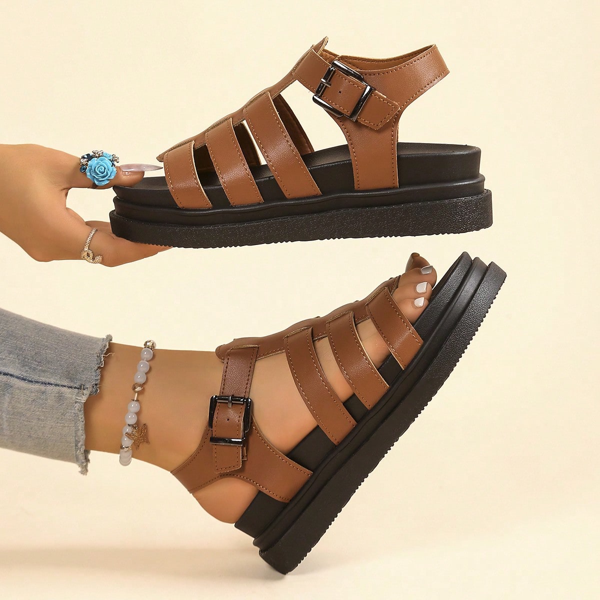 Sandalias planas para mujer, nuevas sandalias negras de suela gruesa para verano, sandalias estilo romano, sandalias casuales de playa versátiles y a