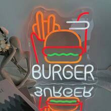 1 pezzo Insegna al neon di hamburger e patatine per decorazione da parete, luce al neon di hamburger e patatine francesi di 32,0 cm x 30,0 cm , segni di fast food per casa, ristorante, bar, caverna dell uomo, decorazione, Eid Al-Adha Mubarak