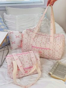 1Pc Pink Floral And Strip Pattern Duffel Bag With Large Capacity, Lightweight Travel Bag With Cute Prints - Perfect For Overnight Trips, Sports And Everyday Use.Travel Luggage Bag Women Gym Bag With Wet Bag Women Carry On Weekender Bag Gym Bag For Going Out, Short Trip, Fitness, Sports, Traveling Travel Accessories Travel Outfit Airport Travel Stuff Clothes Luggage Bag Christmas Gift Ideas - 粉色 - 查看 4