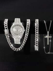 Set de 4 piezas: 1 reloj analógico de lujo de cuarzo cristalino, 2 pulseras con cuentas de estilo hip-hop, 1 collar con colgante de cruz - Accesorios de color dorado/plateado para hombres, negocios, deportes, uso diario, regalos