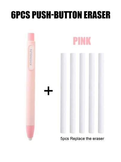 6pcs/Set Pen Shape Press Type Pencil Eraser Replaceable Core Sketching Painting Writing Erase Supplies Japanese Stationery(1 Pen Eraser+5 Eraser), Gifts For Friends On Halloween And Christmas