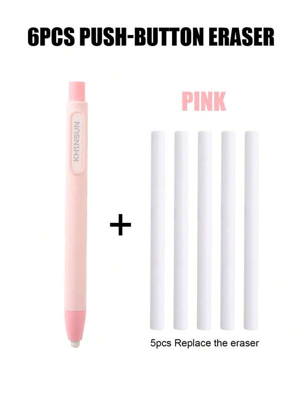 6pcs/Set Pen Shape Press Type Pencil Eraser Replaceable Core Sketching Painting Writing Erase Supplies Japanese Stationery(1 Pen Eraser+5 Eraser)School Supplies,Back To School