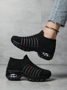 Botas casuais femininas transfronteiriças de cor neutra, adequadas para feriados, elegantes, respiráveis, antiderrapantes, confortáveis, sem cadarço, para dança swing, sapatos de dança quadrada, versáteis, tênis plataforma de malha respirável - cor preta - Ver 1