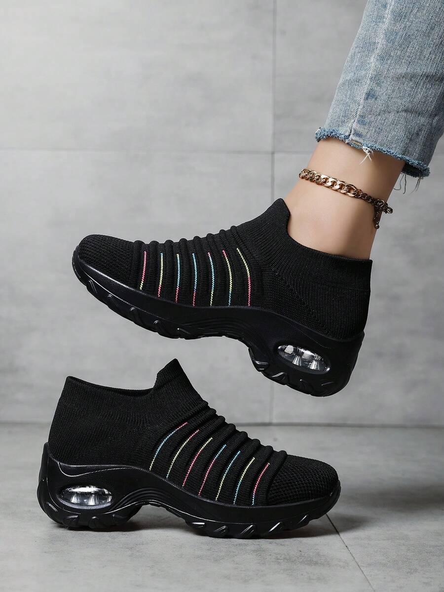 Botas casuais femininas transfronteiriças de cor neutra, adequadas para feriados, elegantes, respiráveis, antiderrapantes, confortáveis, sem cadarço, para dança swing, sapatos de dança quadrada, versáteis, tênis plataforma de malha respirável - cor preta - Ver 1