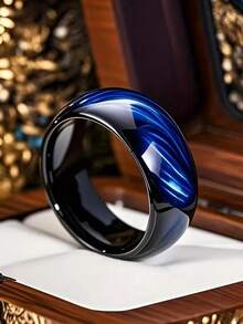 8mm Black Stainless Steel Ring With Inlaid Blue Tiger Eye Stone - Modern Fashion Design, Valentine's Gift, Engagement Ring, Wedding Band Or Casual Wear, Technically Inspired Design - Black - View 2