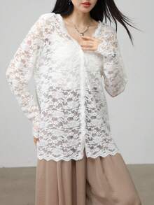 Solid Lace Sheer Cutout Long Sleeve Blouse, Sweet & Top - White - View 4