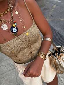 Women's Sexy Gold Sleeveless Sequin Cami Top Backless Summer  Holiday Party